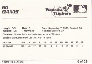 1990 Star Wausau Timbers #6 Bo Davis Back