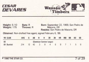 1990 Star Wausau Timbers #7 Cesar Devarez Back