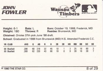 1990 Star Wausau Timbers #8 John Fowler Back