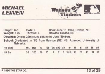 1990 Star Wausau Timbers #13 Michael Leinen Back