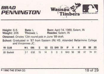 1990 Star Wausau Timbers #18 Brad Pennington Back