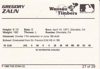 1990 Star Wausau Timbers #27 Gregory Zaun Back