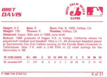 1990 Star West Palm Beach Expos #4 Bret Davis Back