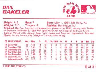 1990 Star West Palm Beach Expos #9 Dan Gakeler Back