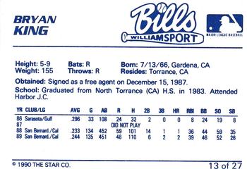 1990 Star Williamsport Bills #13 Bryan King Back