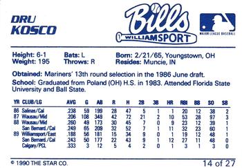 1990 Star Williamsport Bills #14 Dru Kosco Back