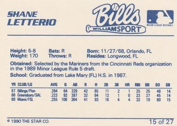 1990 Star Williamsport Bills #15 Shane Letterio Back