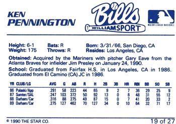 1990 Star Williamsport Bills #19 Ken Pennington Back