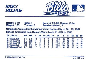 1990 Star Williamsport Bills #22 Ricky Rojas Back