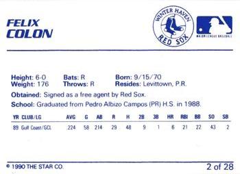1990 Star Winter Haven Red Sox #2 Felix Colon Back