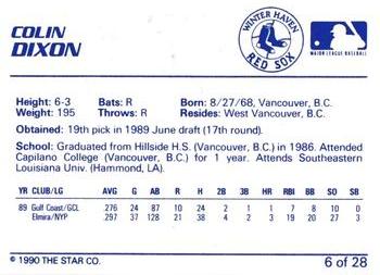 1990 Star Winter Haven Red Sox #6 Colin Dixon Back