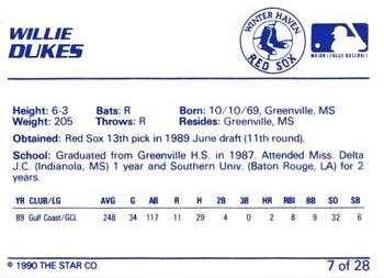 1990 Star Winter Haven Red Sox #7 Willie Dukes Back