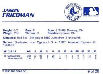1990 Star Winter Haven Red Sox #9 Jason Friedman Back