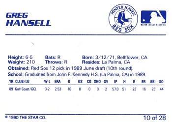 1990 Star Winter Haven Red Sox #10 Greg Hansell Back