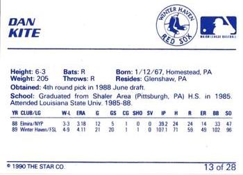 1990 Star Winter Haven Red Sox #13 Dan Kite Back