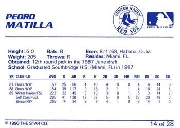 1990 Star Winter Haven Red Sox #14 Pedro Matilla Back
