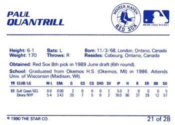 1990 Star Winter Haven Red Sox #21 Paul Quantrill Back
