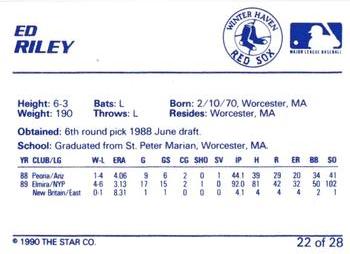 1990 Star Winter Haven Red Sox #22 Ed Riley Back