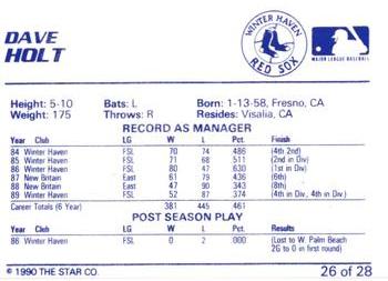 1990 Star Winter Haven Red Sox #26 Dave Holt Back