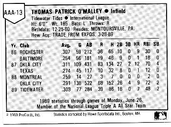 1989 ProCards Triple A All-Stars #AAA13 Tom O'Malley Back