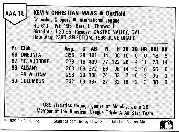 1989 ProCards Triple A All-Stars #AAA18 Kevin Maas Back