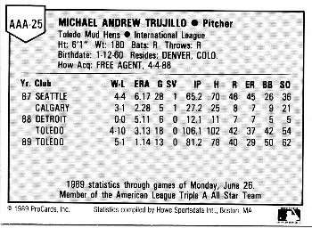 1989 ProCards Triple A All-Stars #AAA25 Mike Trujillo Back