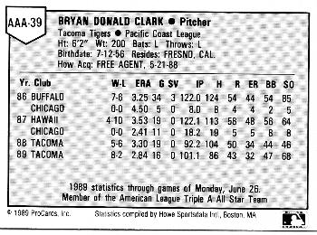 1989 ProCards Triple A All-Stars #AAA39 Bryan Clark Back