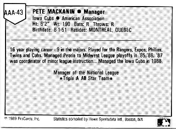 1989 ProCards Triple A All-Stars #AAA43 Pete Mackanin Back