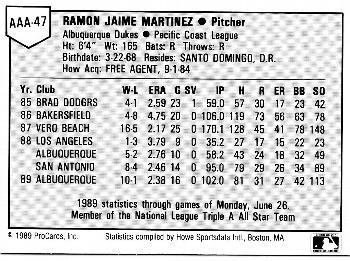1989 ProCards Triple A All-Stars #AAA47 Ramon Martinez Back