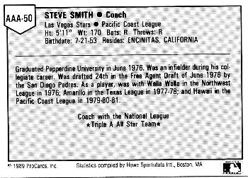 1989 ProCards Triple A All-Stars #AAA50 Steve Smith Back