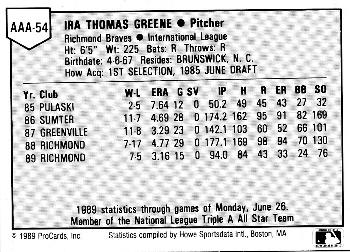 1989 ProCards Triple A All-Stars #AAA54 Tommy Greene Back