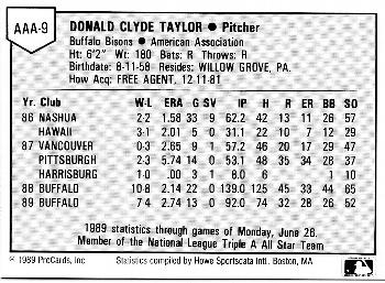 1989 ProCards Triple A All-Stars #AAA9 Dorn Taylor Back