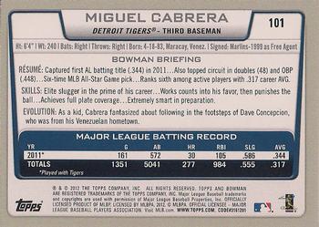2012 Bowman #101 Miguel Cabrera Back