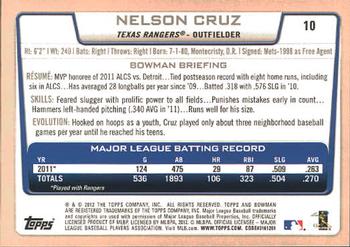 2012 Bowman #10 Nelson Cruz Back