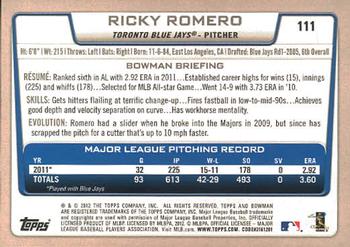 2012 Bowman #111 Ricky Romero Back
