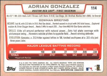 2012 Bowman #114 Adrian Gonzalez Back