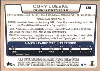 2012 Bowman #130 Cory Luebke Back
