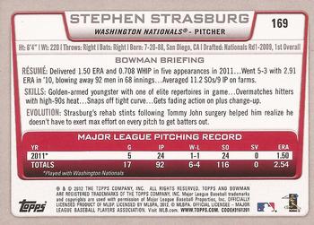 2012 Bowman #169 Stephen Strasburg Back
