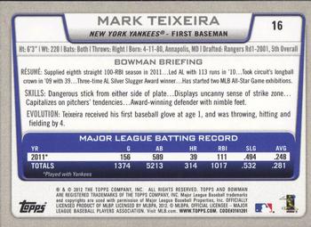 2012 Bowman #16 Mark Teixeira Back