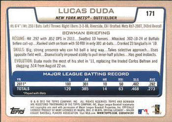 2012 Bowman #171 Lucas Duda Back