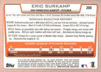 2012 Bowman #200 Eric Surkamp Back
