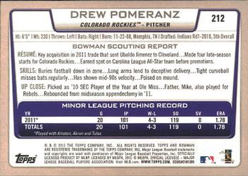2012 Bowman #212 Drew Pomeranz Back