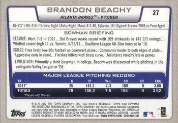 2012 Bowman #27 Brandon Beachy Back