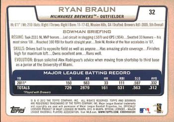 2012 Bowman #32 Ryan Braun Back