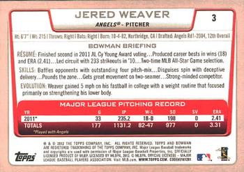 2012 Bowman #3 Jered Weaver Back