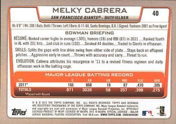 2012 Bowman #40 Melky Cabrera Back