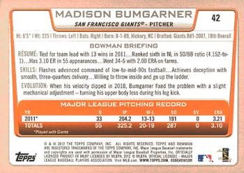2012 Bowman #42 Madison Bumgarner Back