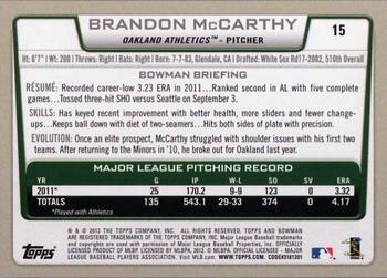 2012 Bowman #15 Brandon McCarthy Back