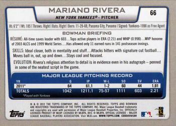 2012 Bowman #66 Mariano Rivera Back