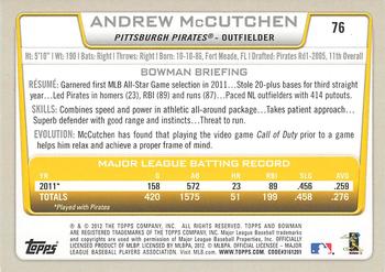 2012 Bowman #76 Andrew McCutchen Back